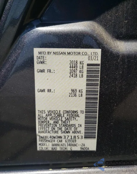 2021 Nissan Altima Sv из США, поврежденный, VIN 1N4BL4DW3MN371853